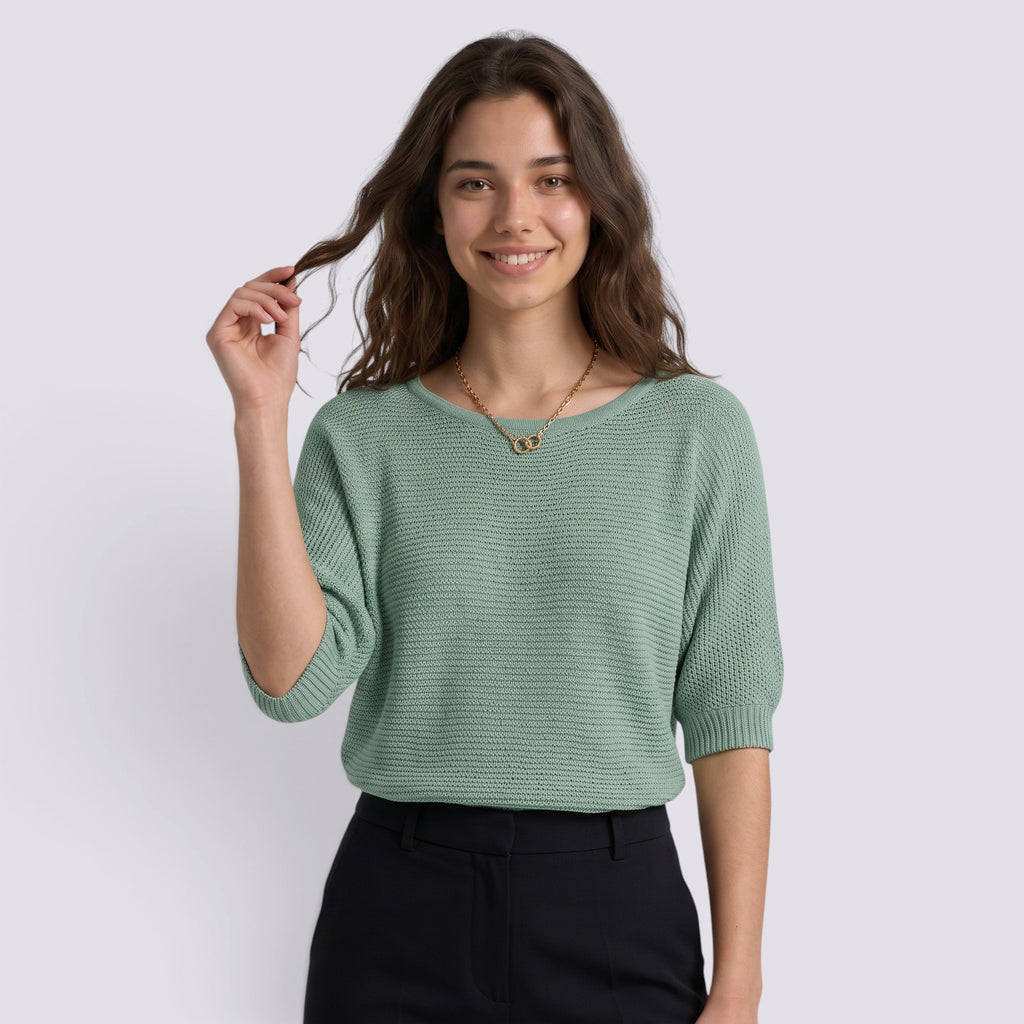 Pull Femme Chic Manches Trois-Quarts Col Rond Ample