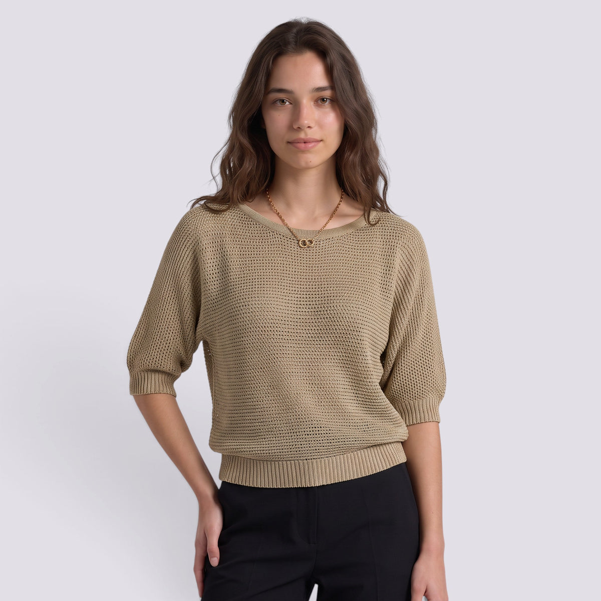 Pull Femme Chic Manches Trois-Quarts Col Rond Ample