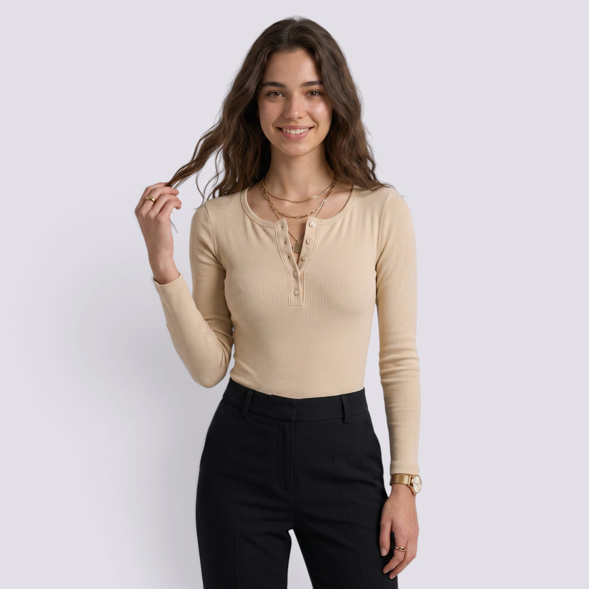 Cintré Haut Femme Boutonné Col V Manches Longues